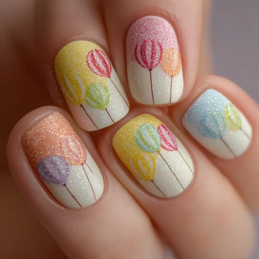 pastel and yellow square medium nails with floral and glitter