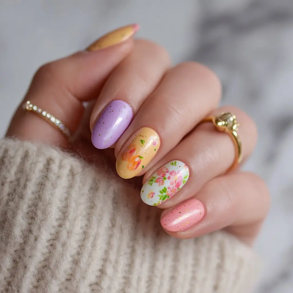 pastel and pink coffin medium nails with floral and abstract
