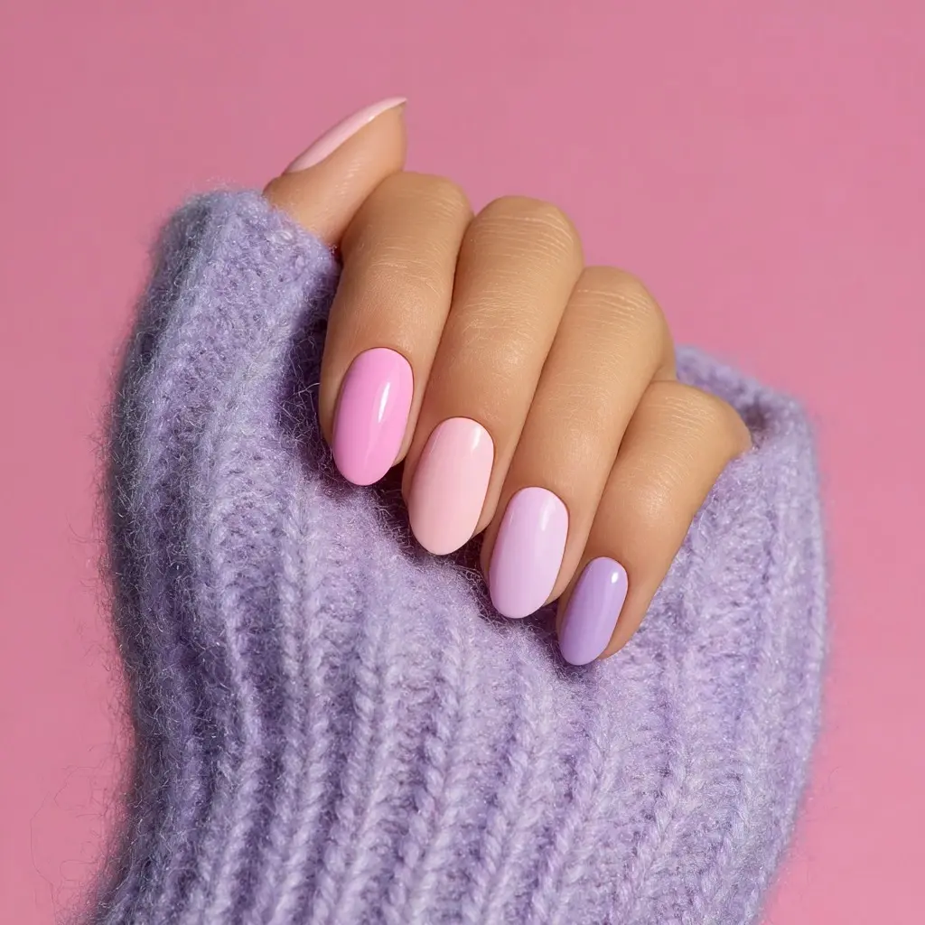 pink and purple coffin medium nails with abstract and glossy