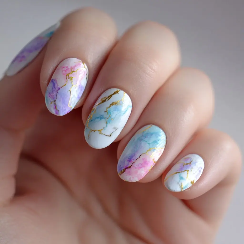 pastel and gold round medium nails with abstract and glossy