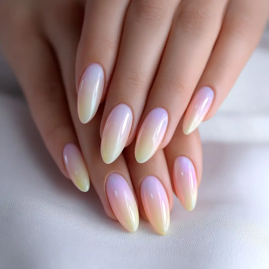 pastel and pink almond medium nails with ombre and glossy