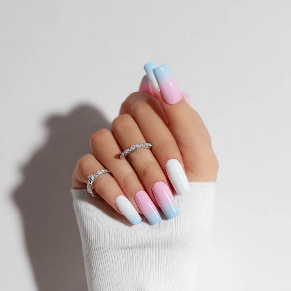blue and pink coffin long nails with ombre and glossy