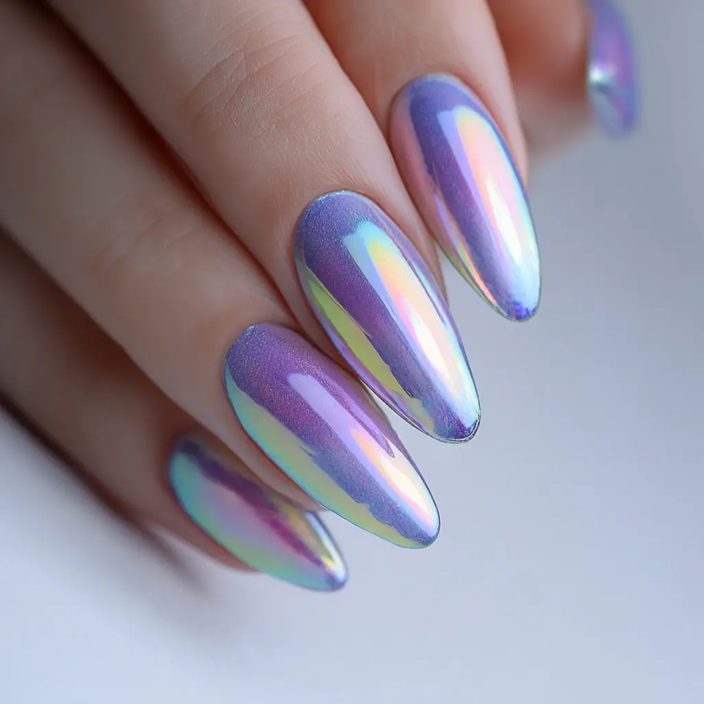 metallic and pastel coffin long nails with abstract and glossy
