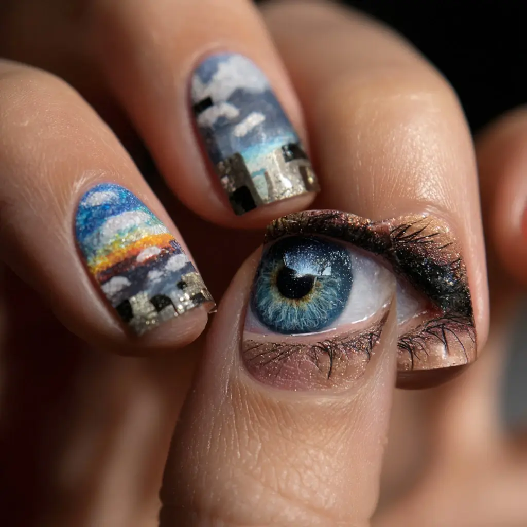 blue and green almond medium nails with 3d and abstract