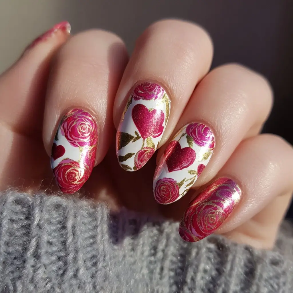 red and pink oval medium nails with floral and abstract