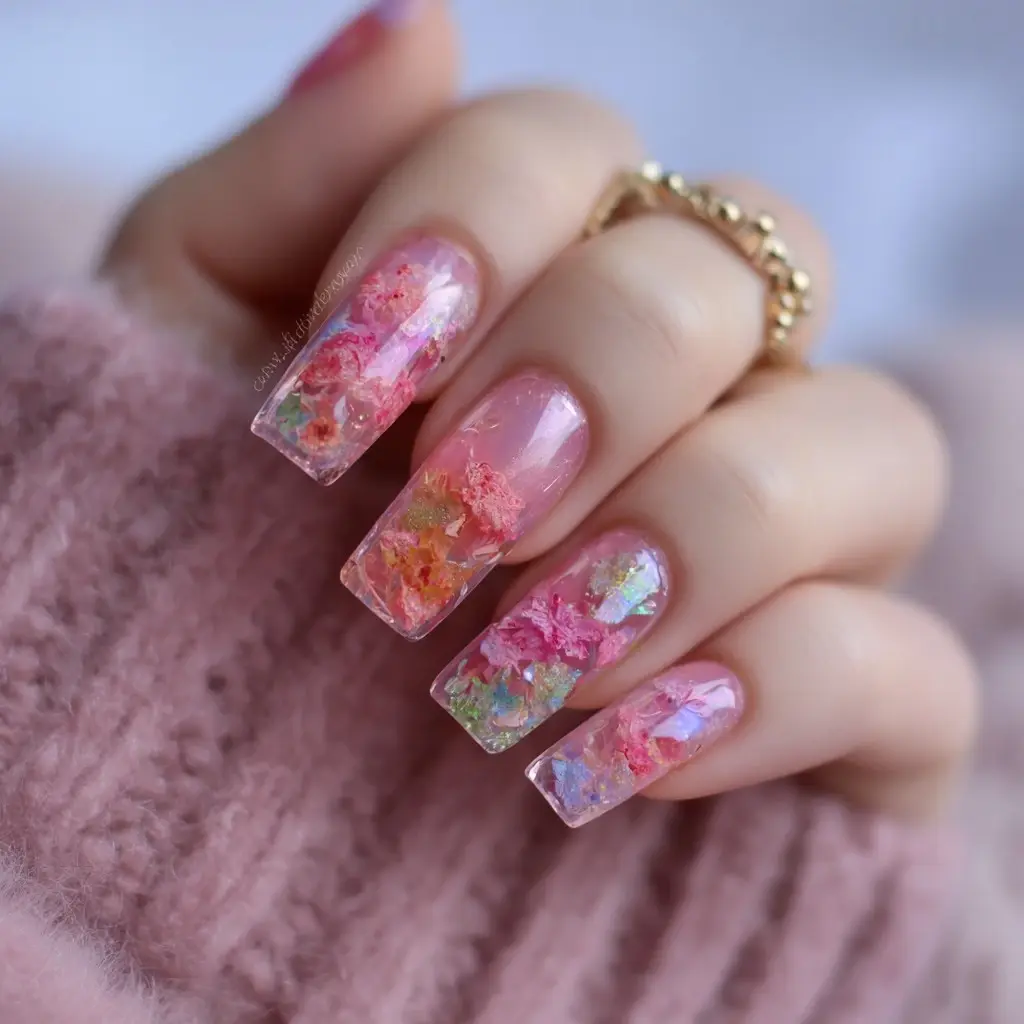 pink and pastel coffin medium nails with floral and glossy