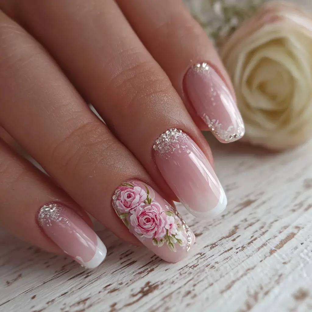 pink and white coffin medium nails with floral and glossy