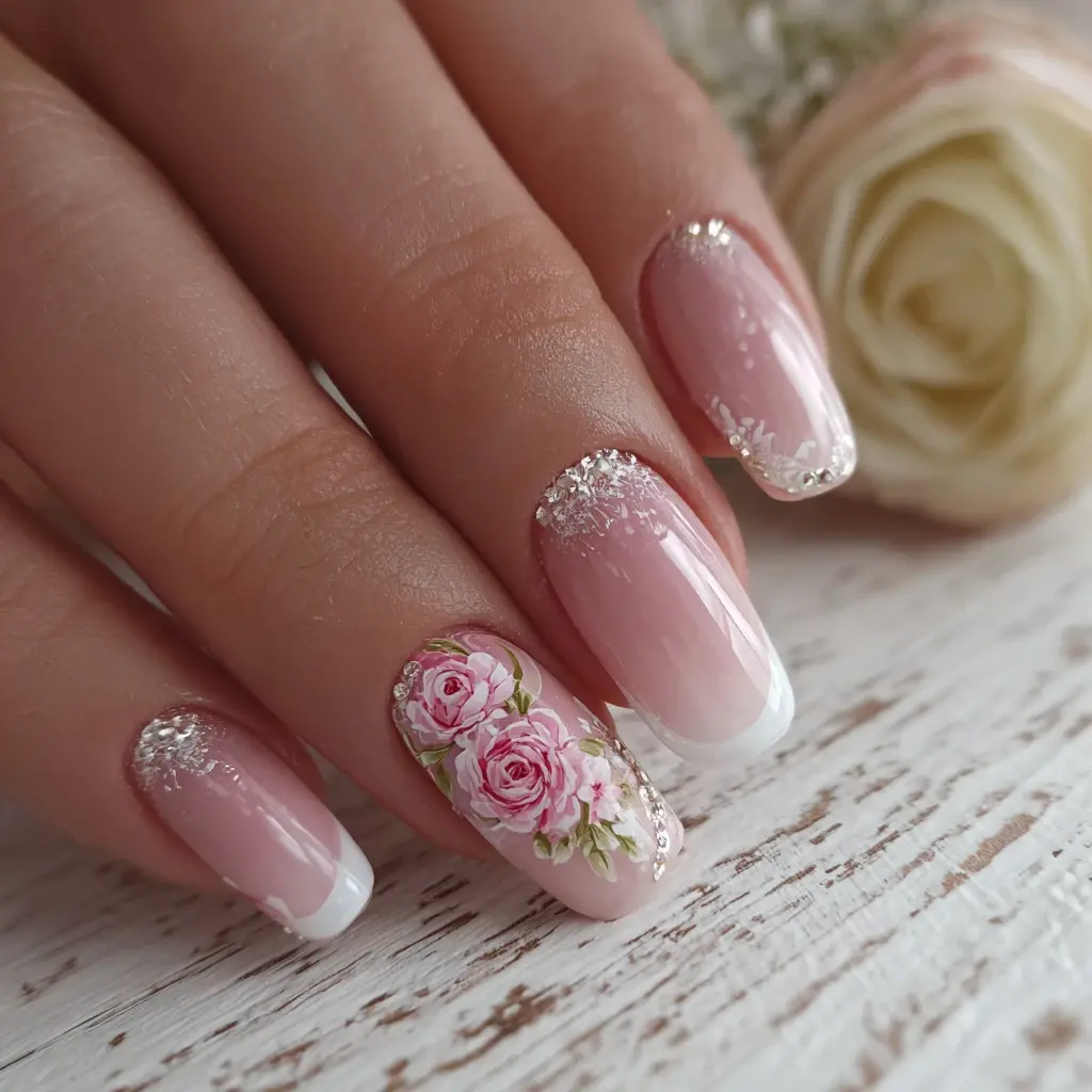 pink and white coffin long nails with floral and glossy
