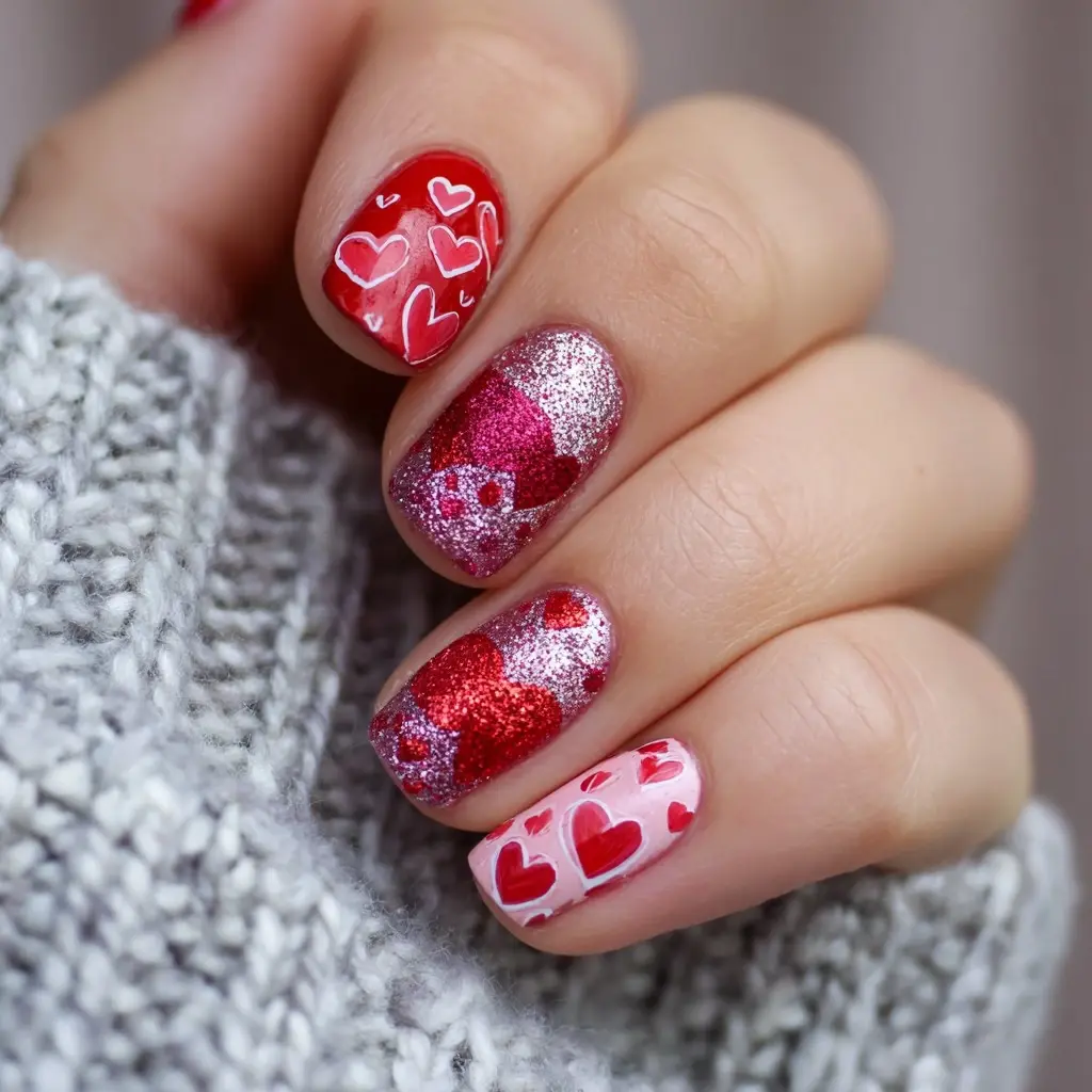 red and pink round medium nails with floral and glitter