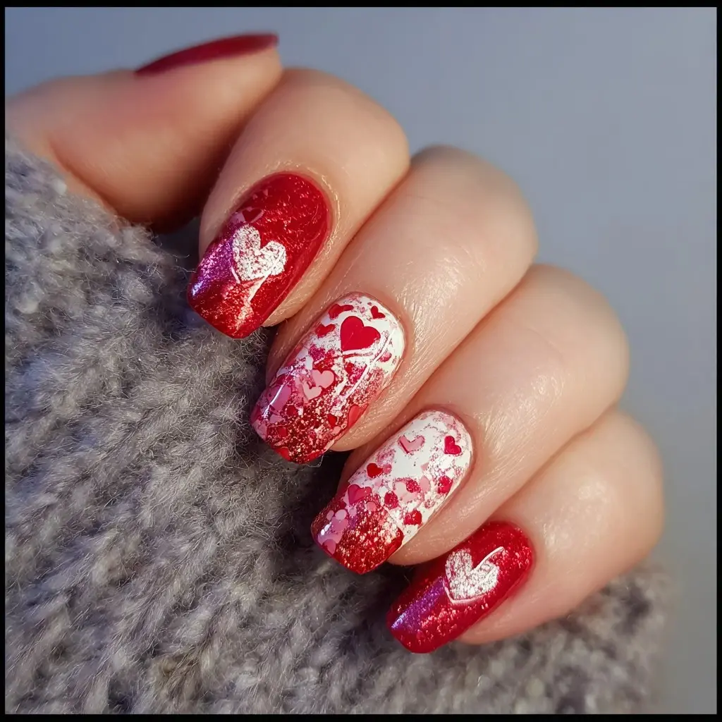 red and white coffin medium nails with glitter and abstract