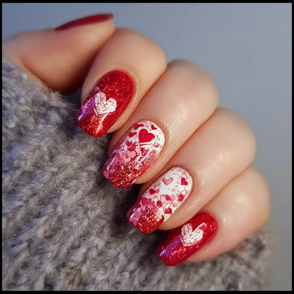 red and white coffin medium nails with glitter and abstract