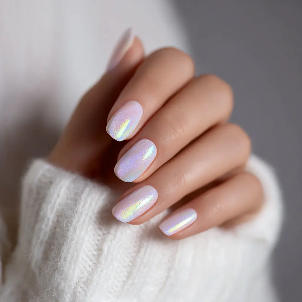white and metallic almond medium nails with glossy and abstract