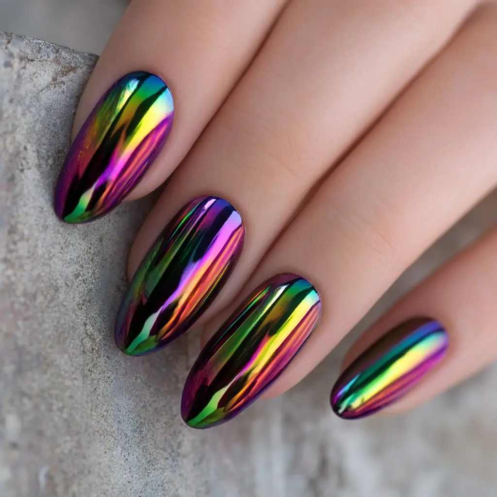 metallic coffin medium nails with glossy and abstract