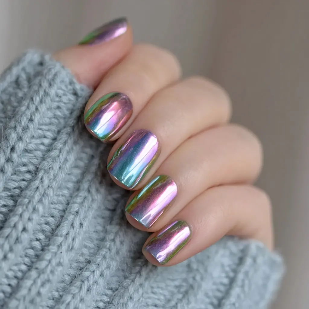 metallic and pastel coffin medium nails with glossy and ombre