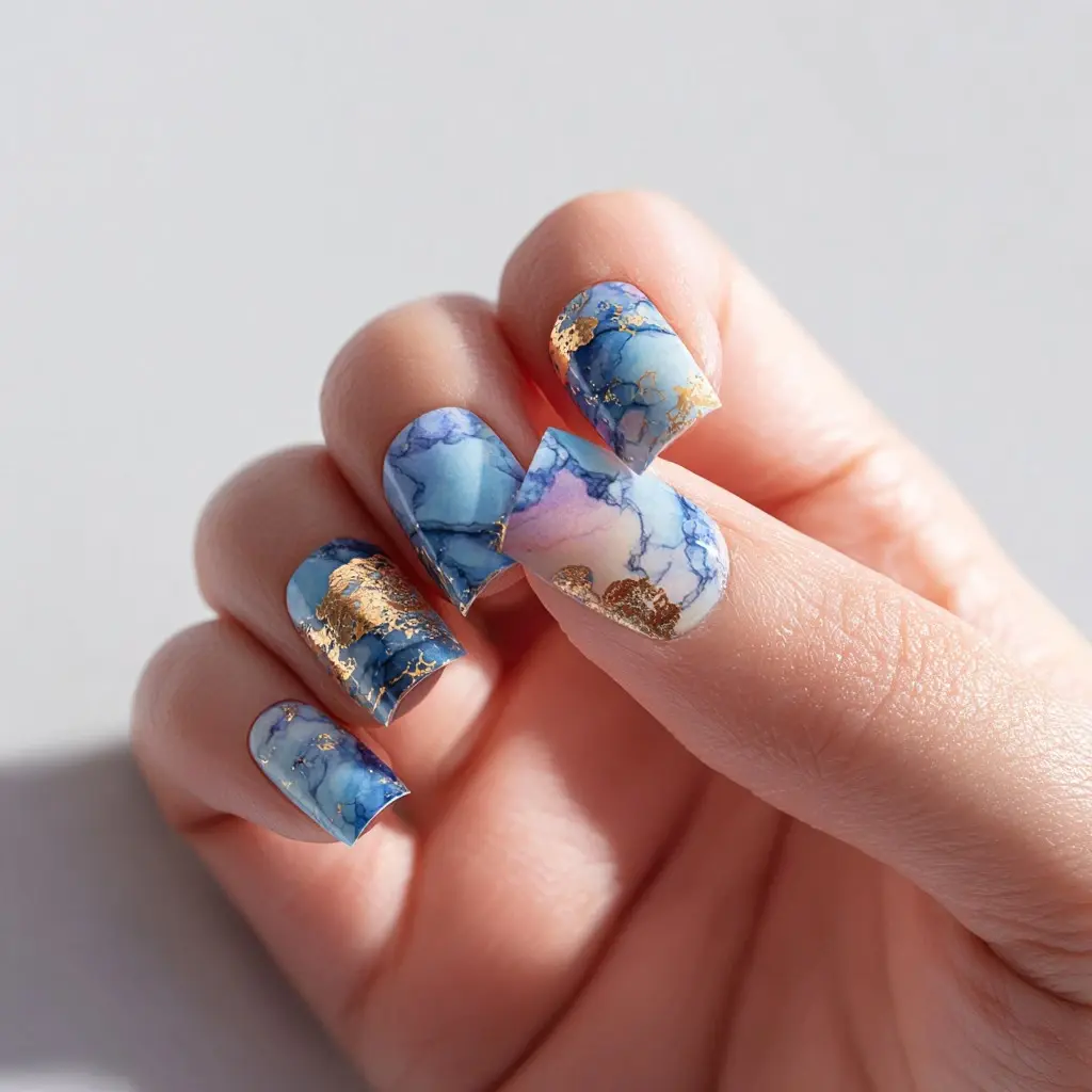 blue and gold coffin medium nails with abstract and glossy
