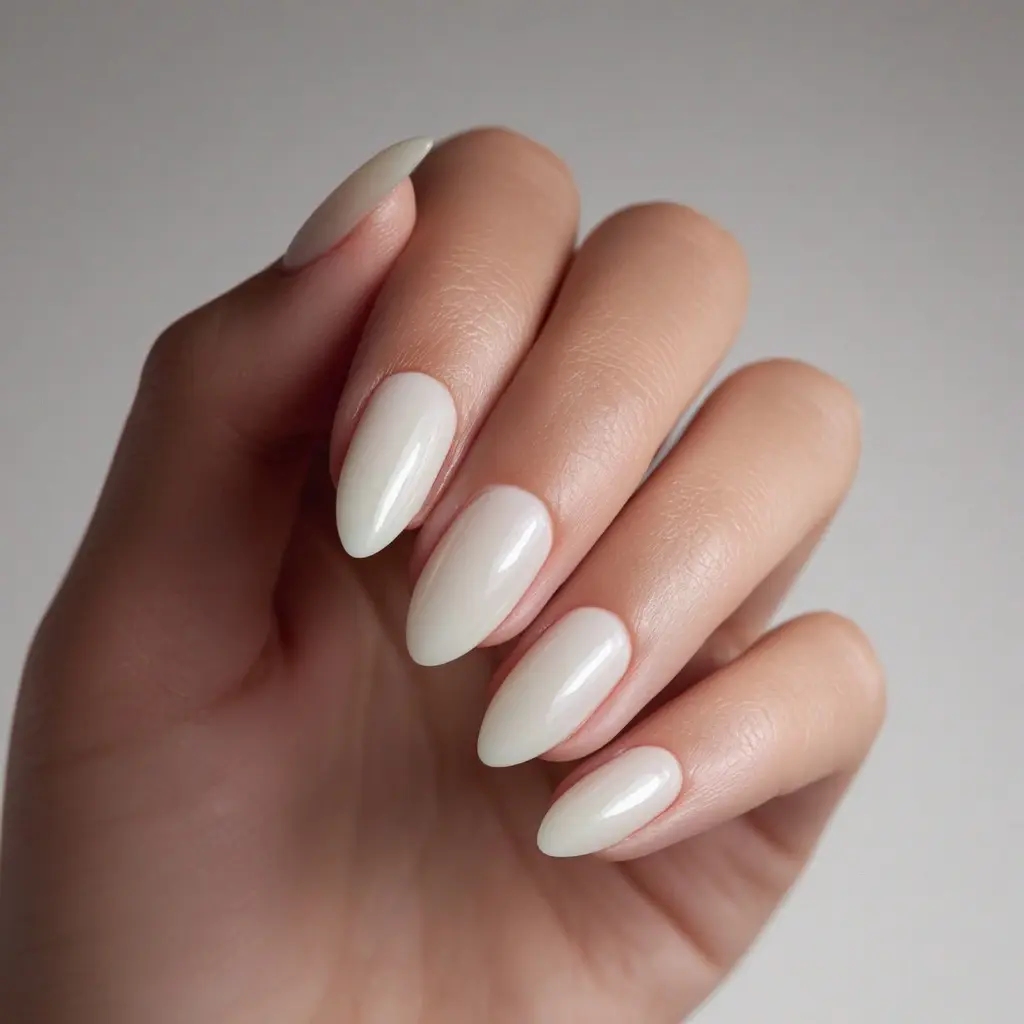 white almond medium nails with glossy and minimalist