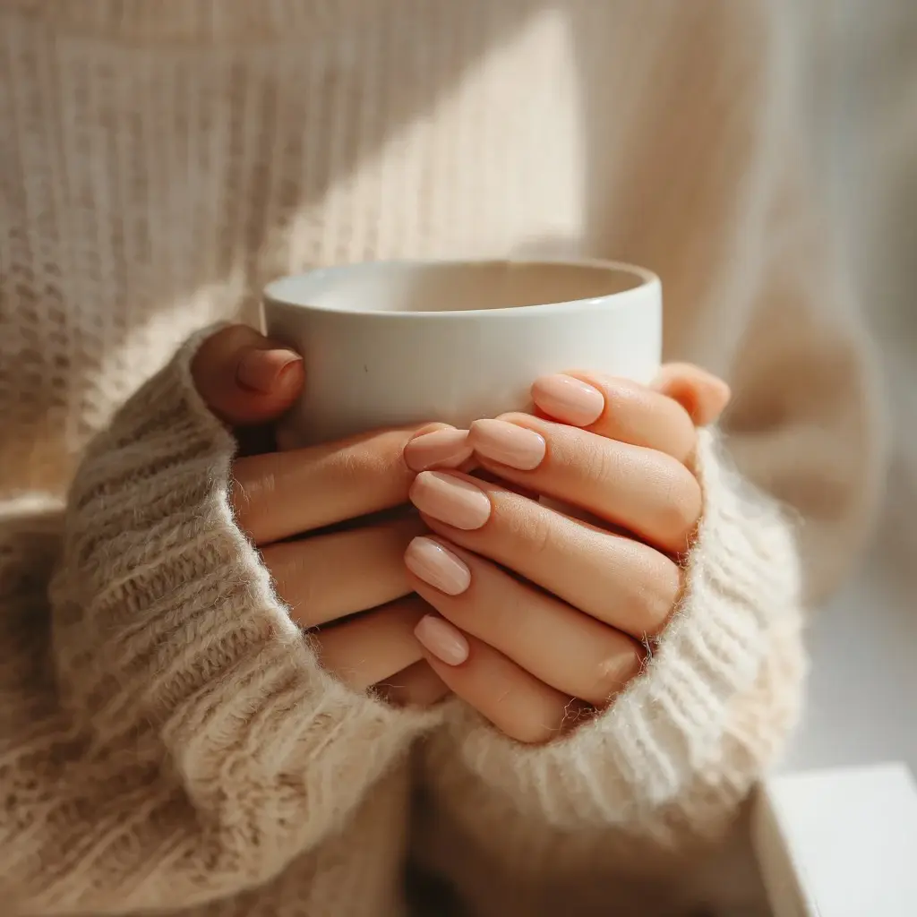 nude square short nails with minimalist and matte