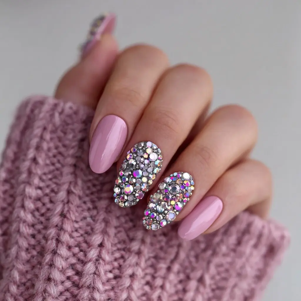 pink and metallic coffin medium nails with glitter and abstract