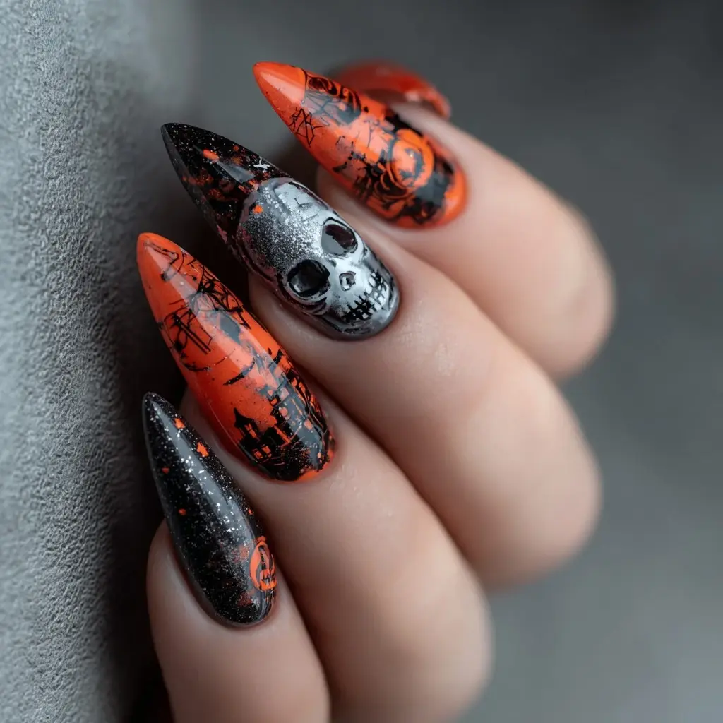 black and orange stiletto long nails with abstract and glossy