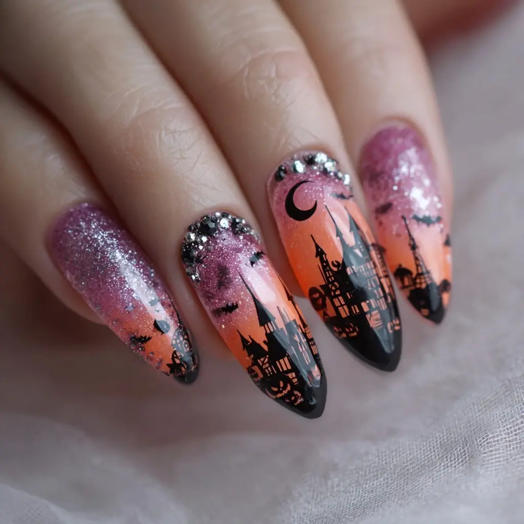orange and black coffin long nails with abstract and glossy