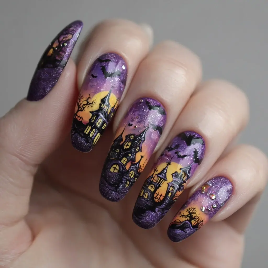 purple and orange coffin long nails with abstract and glossy