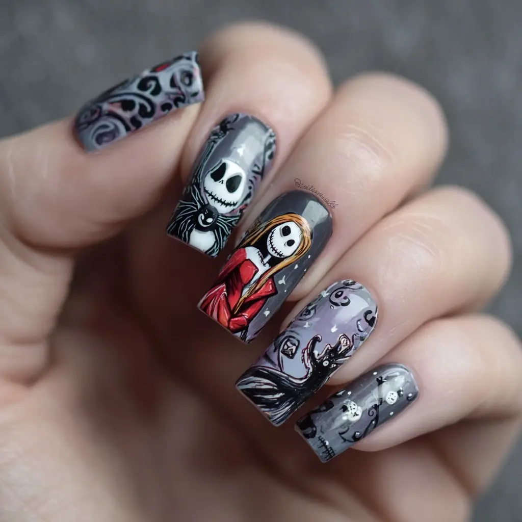 black and white coffin long nails with abstract and glossy