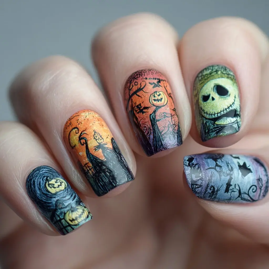 orange and purple coffin medium nails with abstract and glossy