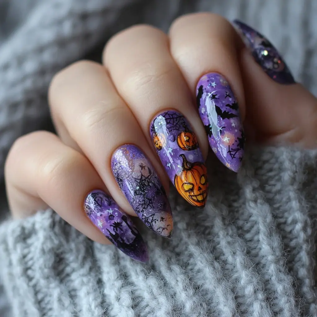 purple and orange coffin long nails with abstract and glitter