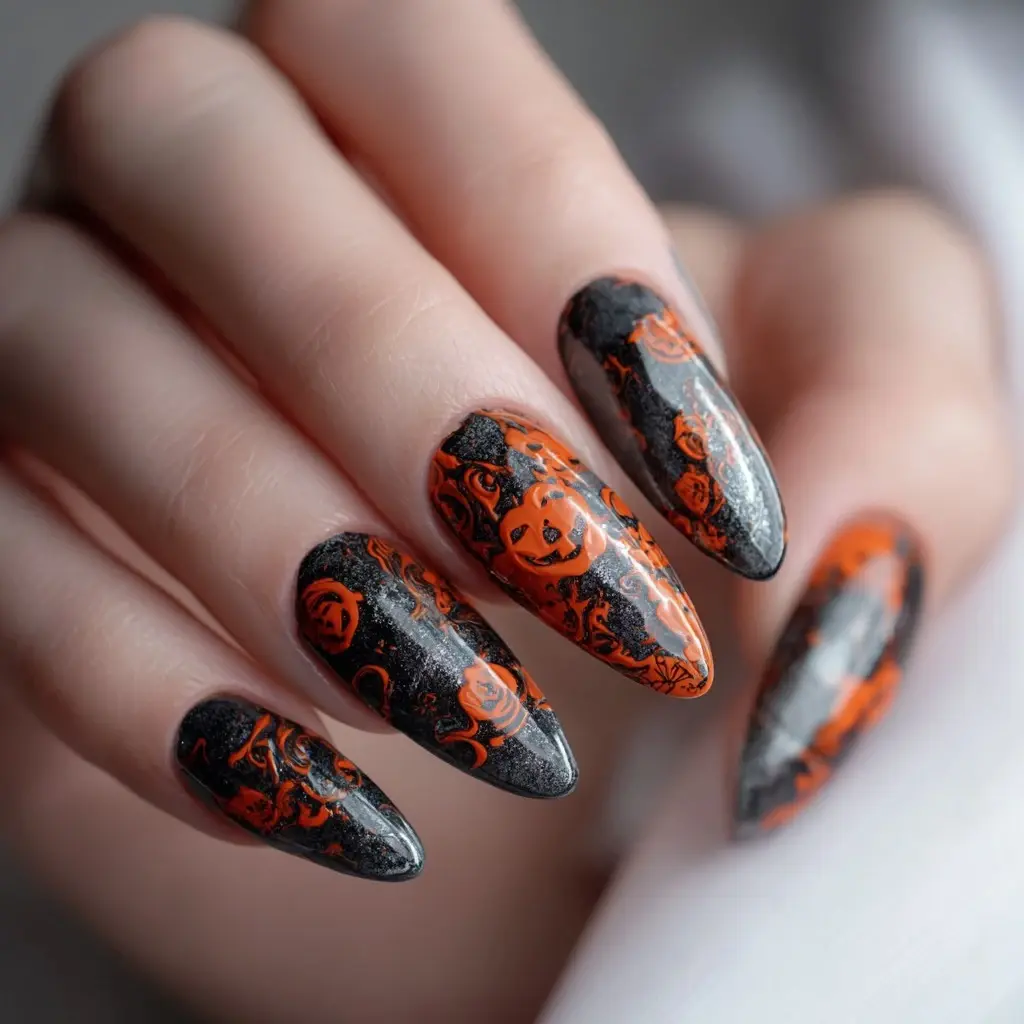 orange and black coffin long nails with abstract and glossy