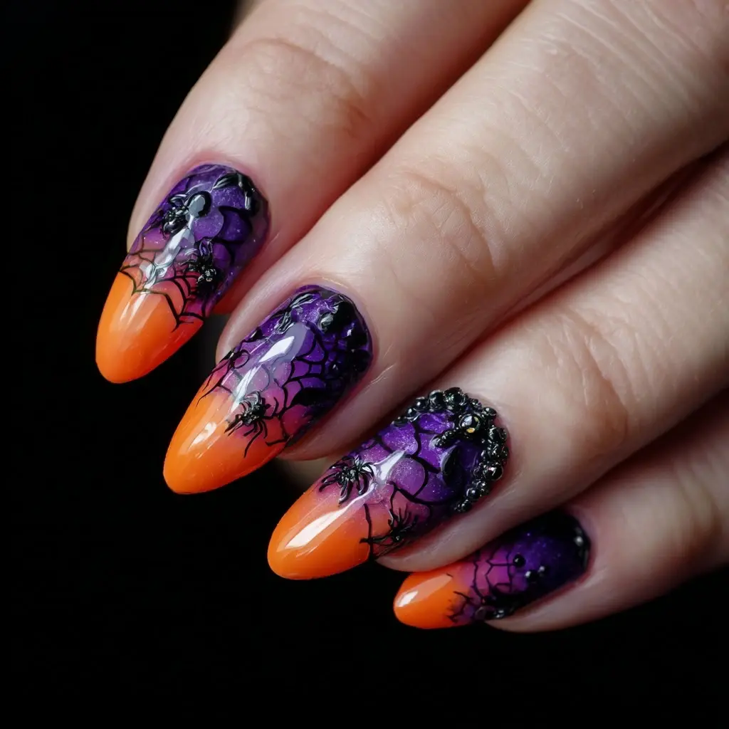 orange and purple coffin long nails with abstract and glossy