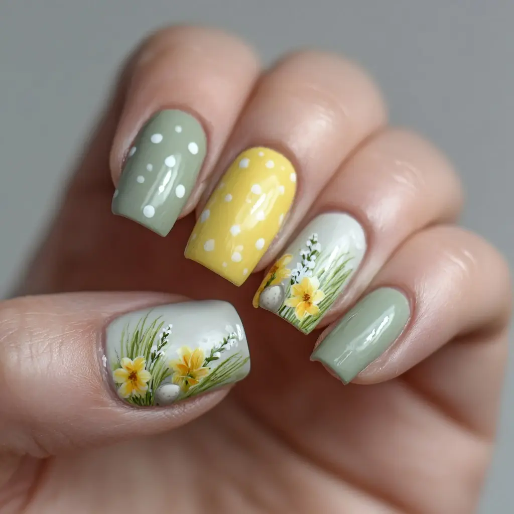 yellow and green almond medium nails with floral and abstract