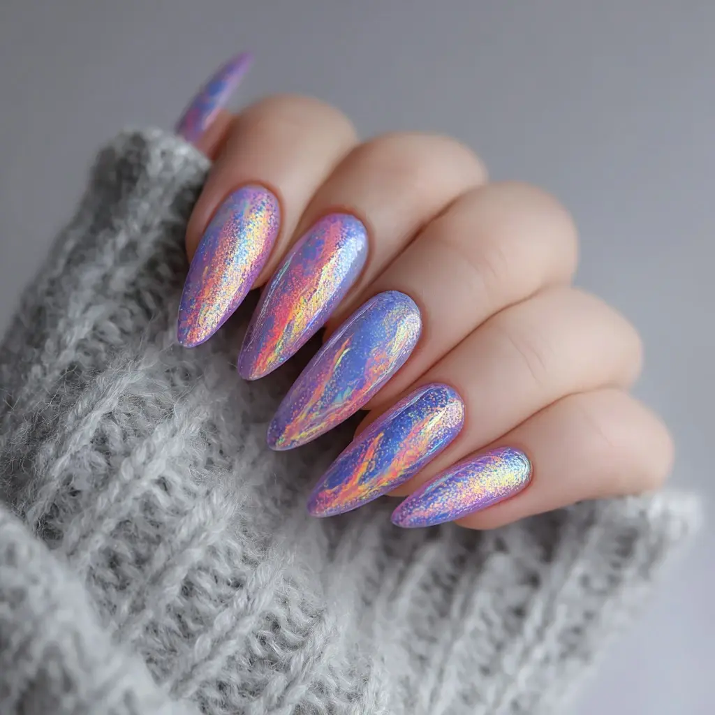 purple and pink stiletto long nails with abstract and glossy