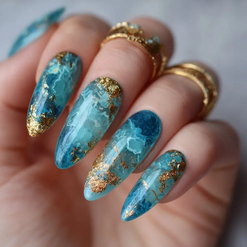 blue coffin long nails with abstract and glossy