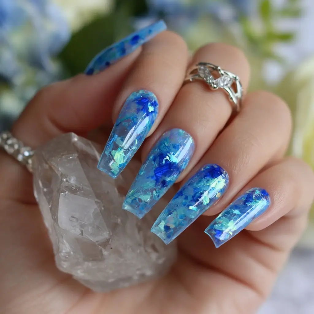 blue and metallic coffin long nails with glitter and glossy