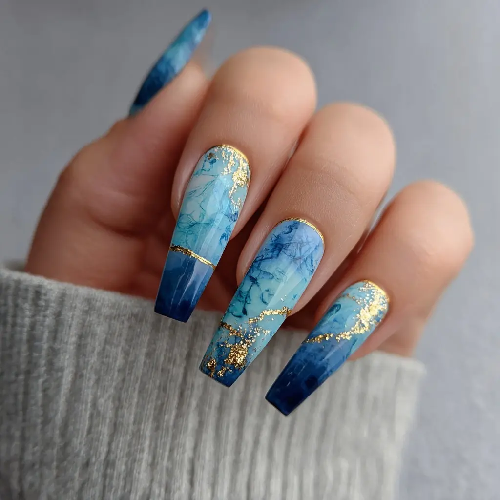blue and gold coffin long nails with abstract and glossy