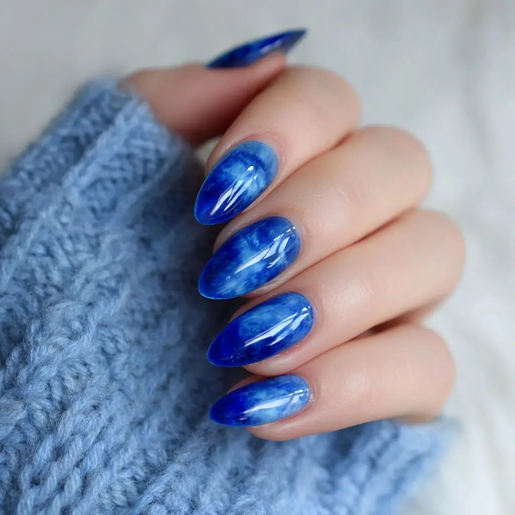 blue coffin long nails with ombre and glossy