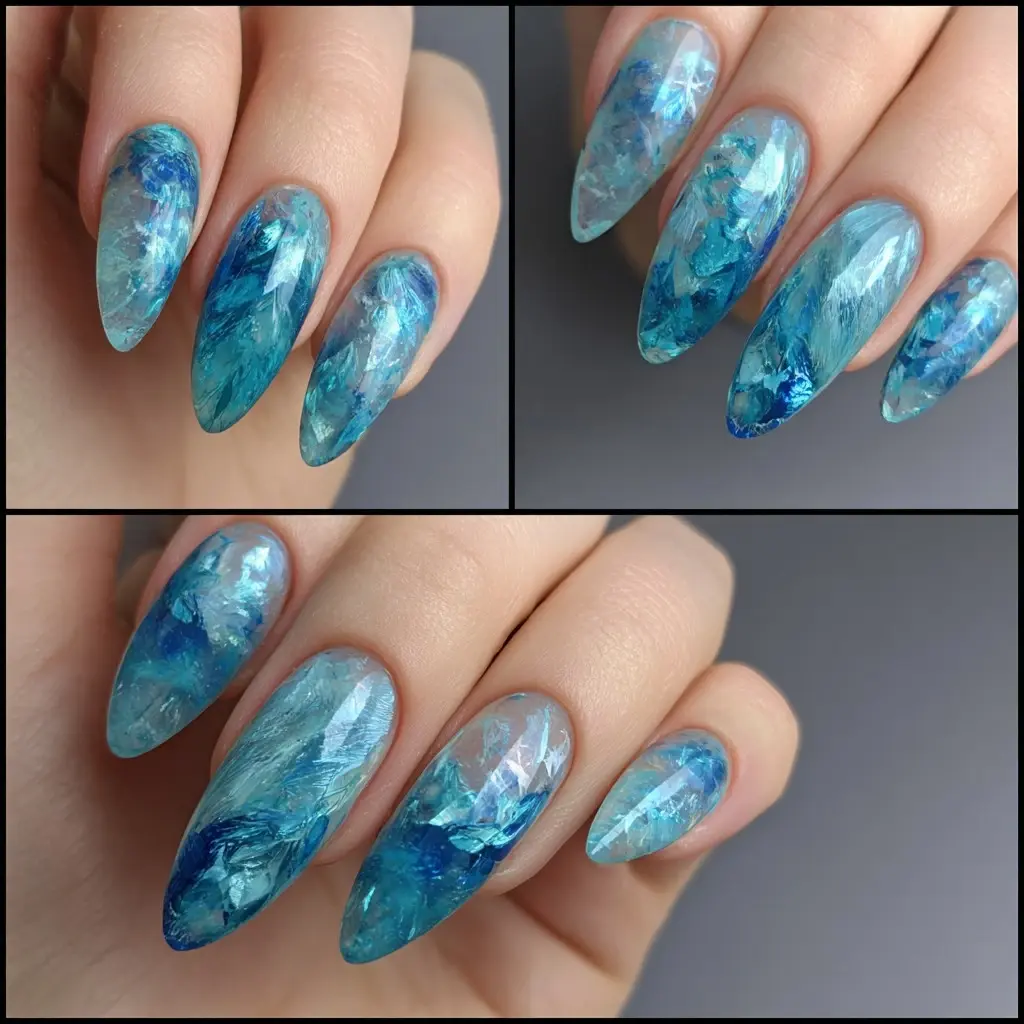 blue and pastel stiletto long nails with abstract and glossy