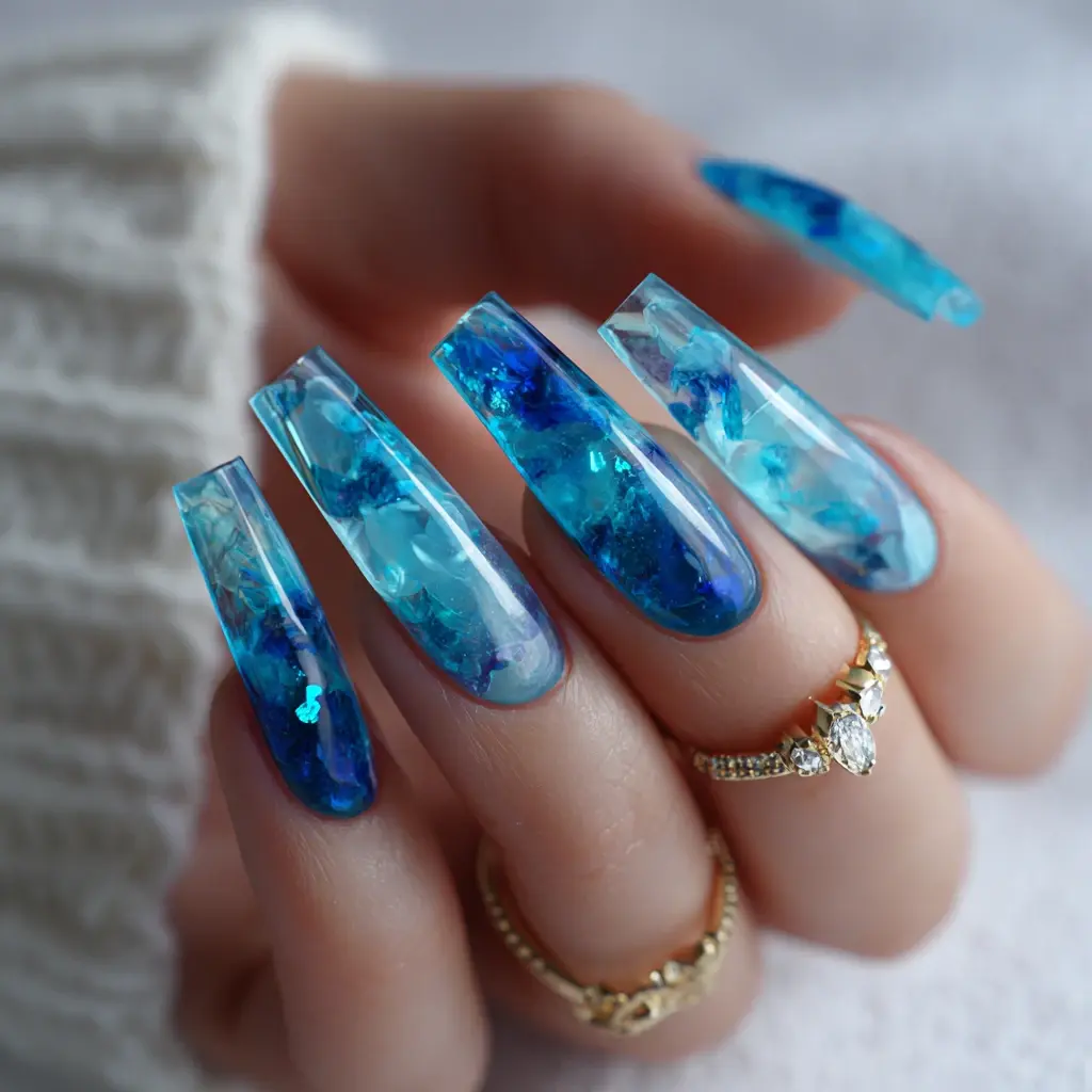 blue and metallic coffin long nails with abstract and glossy