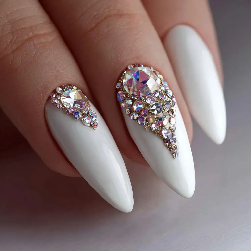 white and metallic stiletto long nails with abstract and glossy