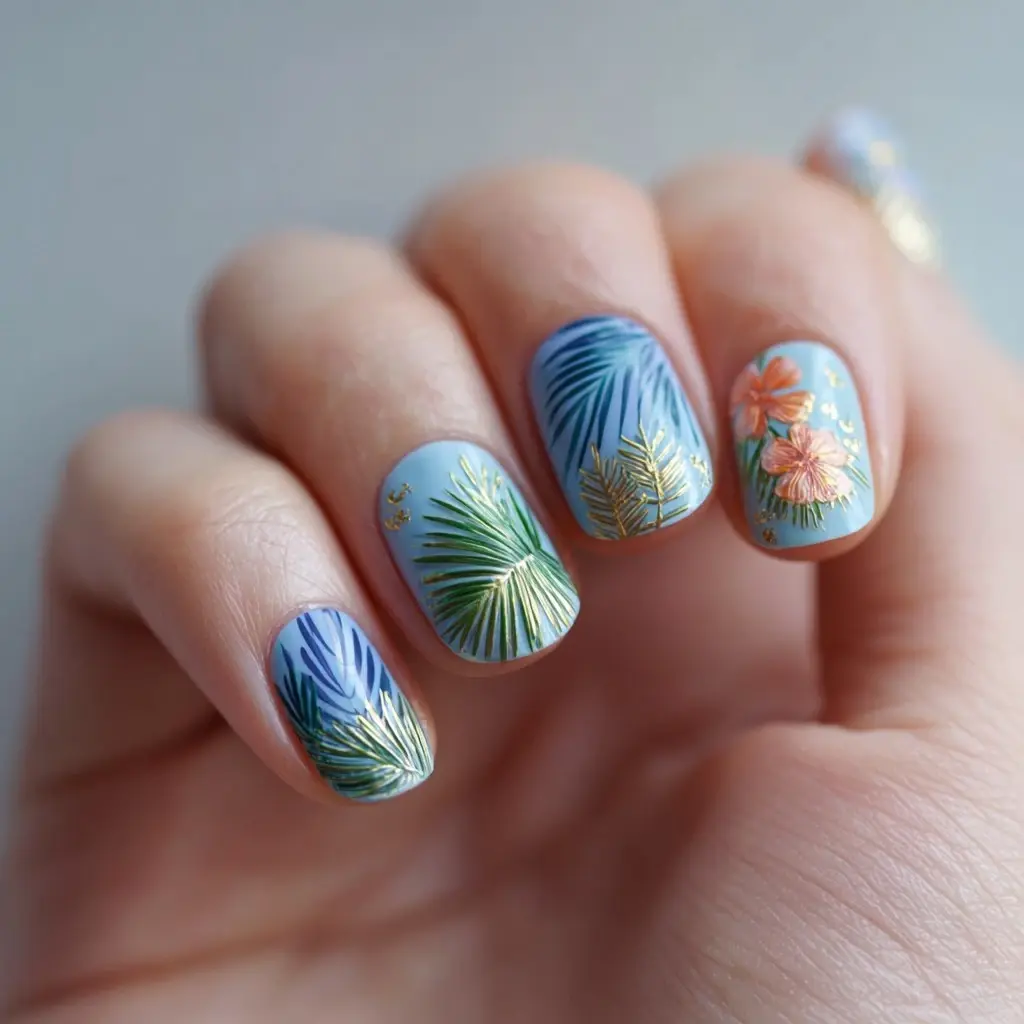 blue and green almond medium nails with floral and abstract
