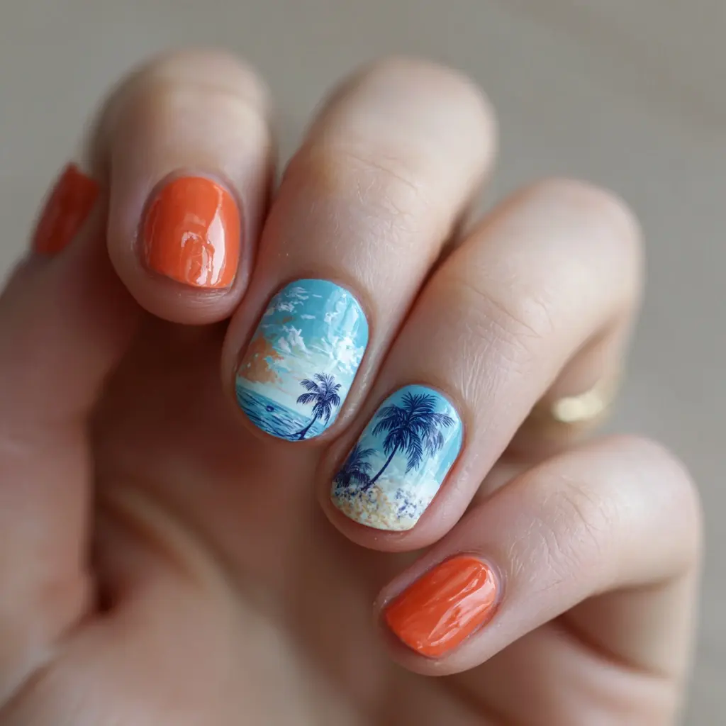 blue and orange round medium nails with floral and abstract