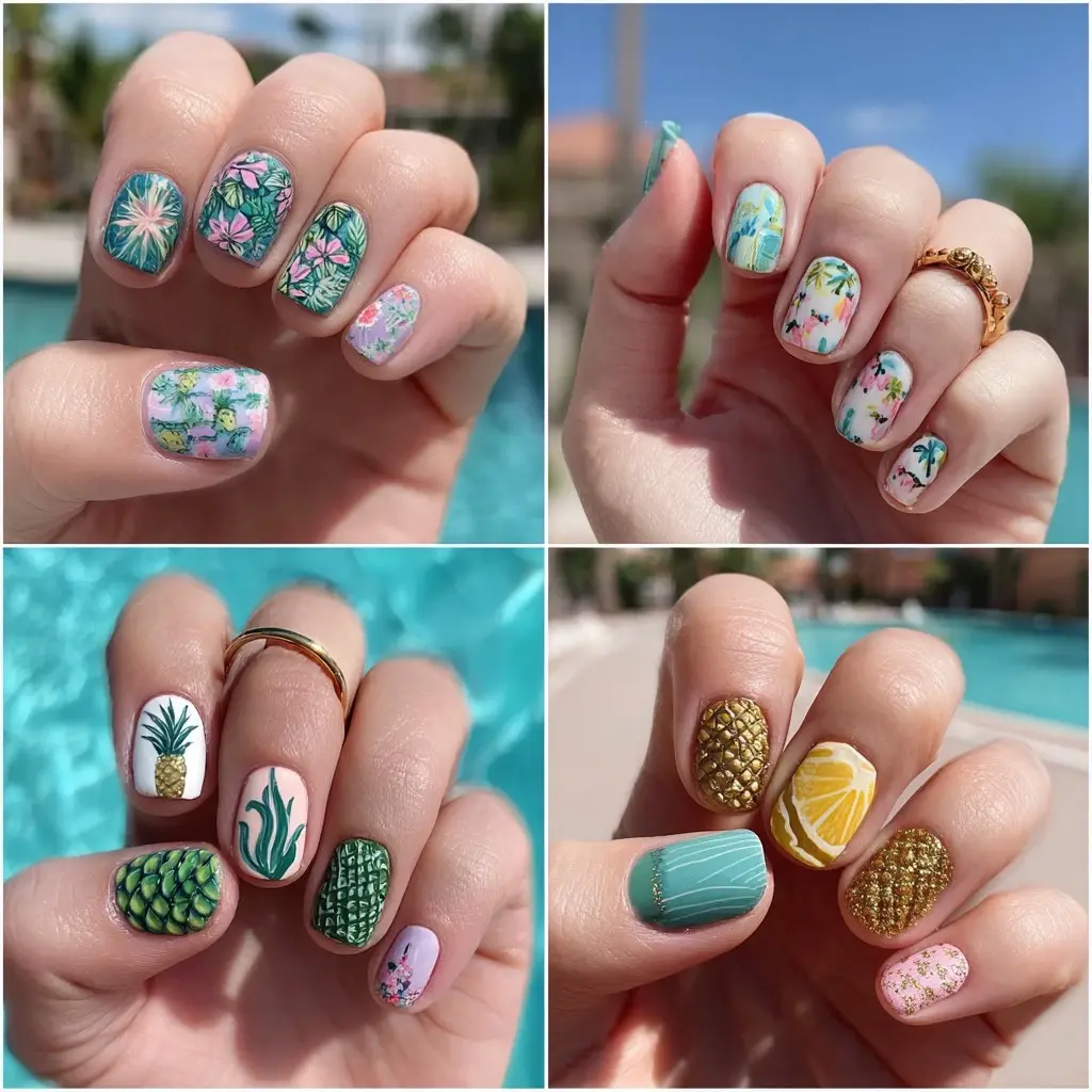green and yellow round medium nails with floral and abstract
