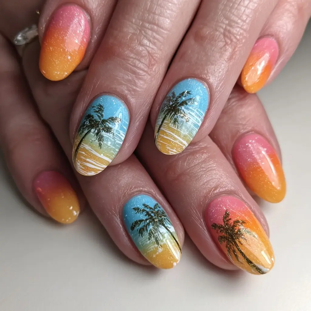 blue and orange almond medium nails with floral and abstract