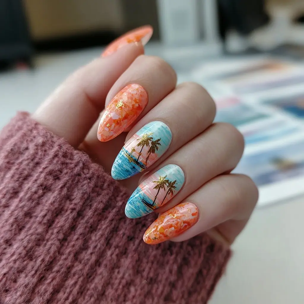 blue and orange coffin medium nails with abstract and floral