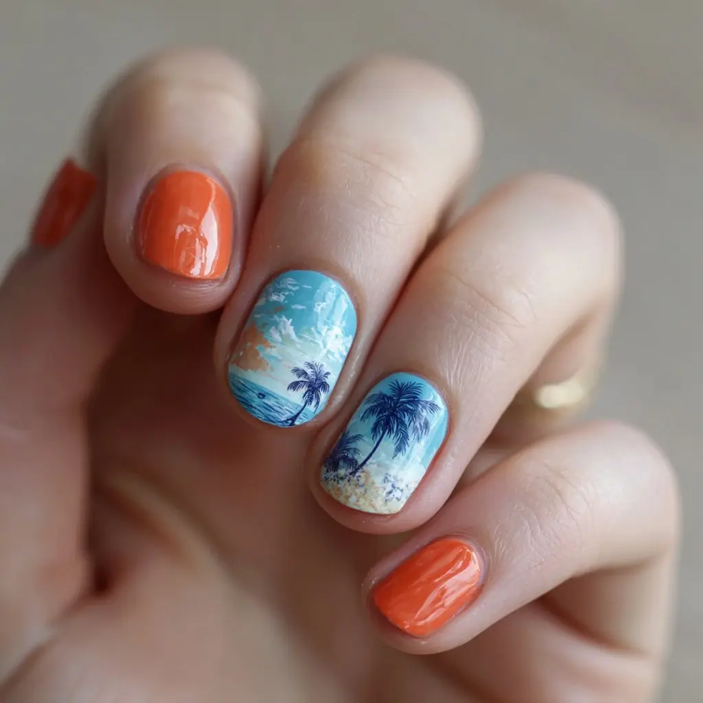 orange and blue almond medium nails with abstract and floral