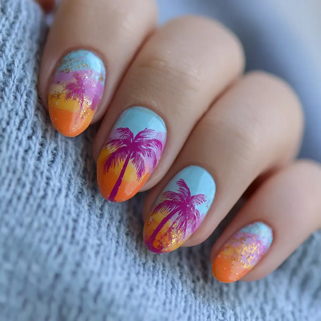 blue and pink oval medium nails with floral and abstract