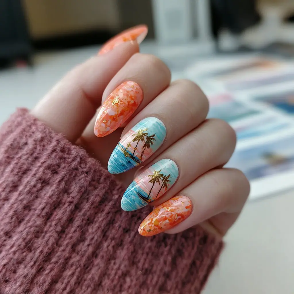 blue and orange stiletto long nails with floral and abstract