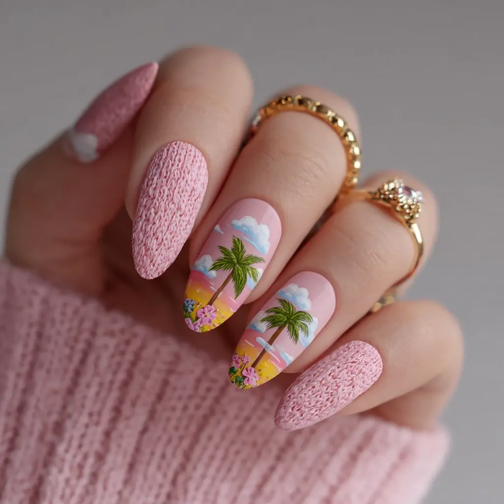 pink and green coffin medium nails with floral and abstract