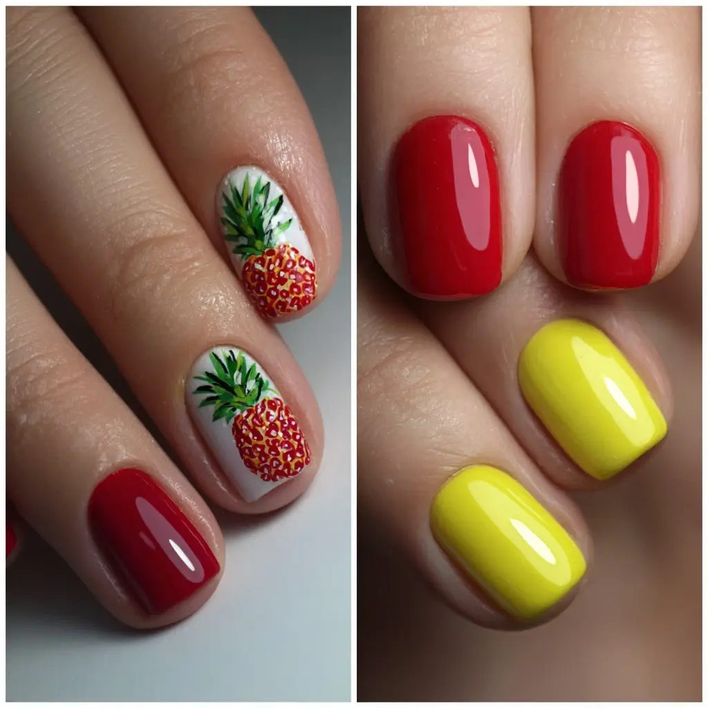 red and yellow round medium nails with floral and abstract
