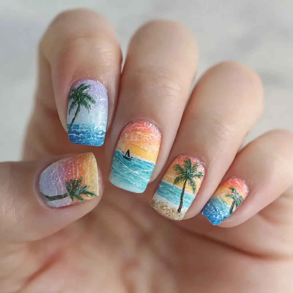 blue and orange almond medium nails with floral and abstract